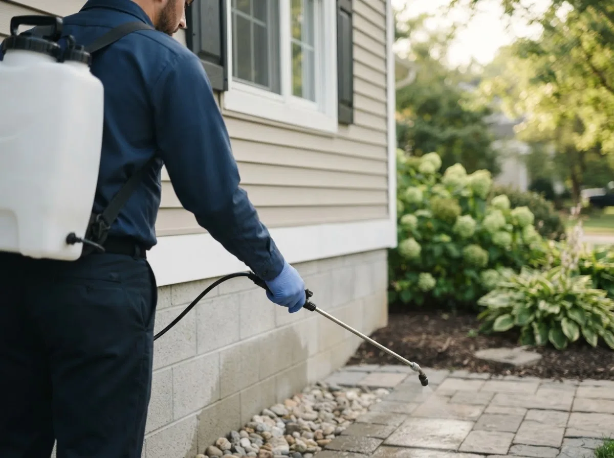Pest control technician inspecting a home in Volga, WV